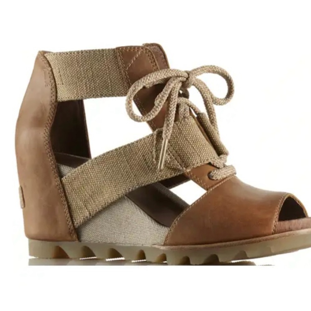 Womens Tan Lace-Up Peep Toe Wedge Sandal